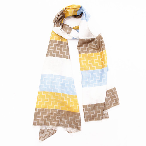White, Brown, Blue, Yellow Color Block Scarf