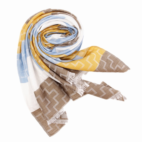 White, Brown, Blue, Yellow Color Block Scarf